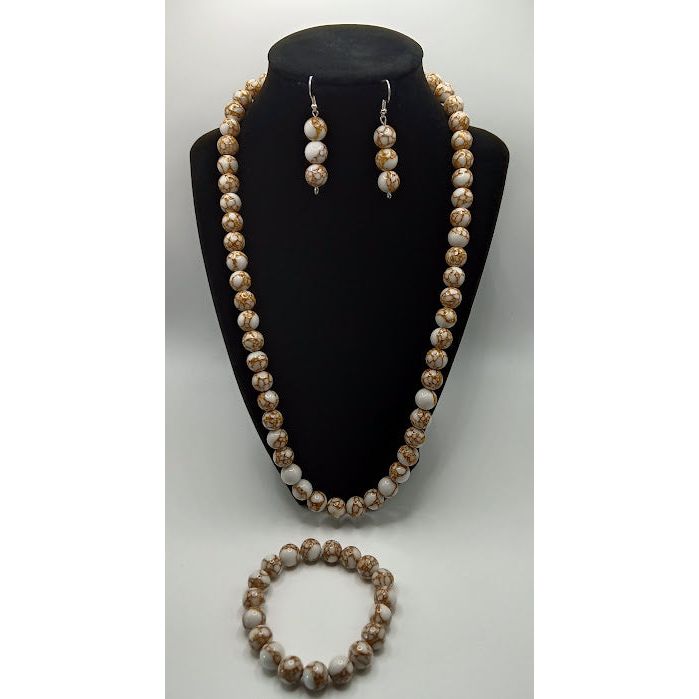 Brown,White&Gold Marble Necklace, Bracelet and Earrings Set